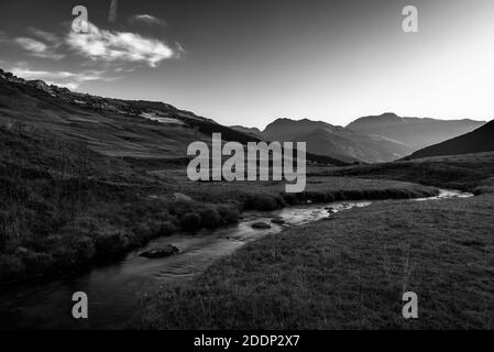 A small stream in the aran valley in black and white, Spain Stock Photo