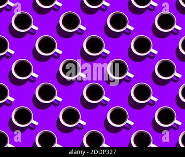 Seamless pattern of white coffee cups on purple background Stock Photo