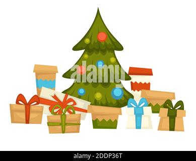 Pine tree decorated with garlands, presents below Stock Vector