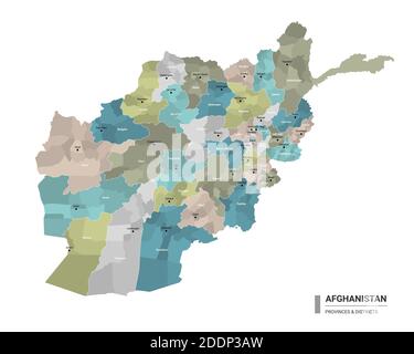 Afghanistan higt detailed map with subdivisions. Administrative map of Afghanistan with districts and cities name, colored by states and administrativ Stock Vector