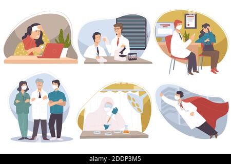 Team of doctors, medical workers with patients Stock Vector