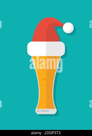 Glass of beer with a Santa Claus hat. Greeting card Vector illustration Stock Vector
