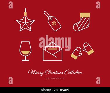 Beautiful Christmas outline flat icon set of 6 designs on red background Stock Vector