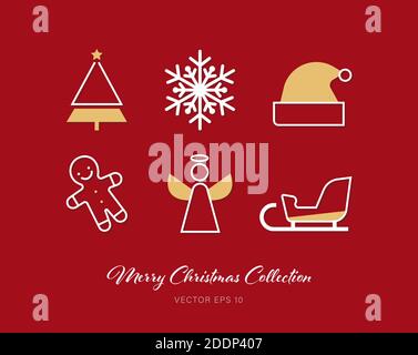 Beautiful Christmas outline flat icon set of 6 designs on red background Stock Vector