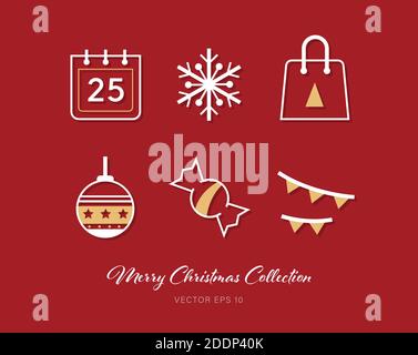 Beautiful Christmas outline flat icon set of 6 designs on red background Stock Vector