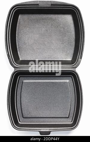 Opened Lunch Box disposable, black for food delivery service on a white background. Isolate, free space. Stock Photo