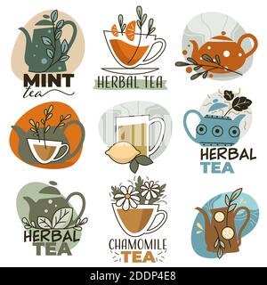 Herbal tea with mint and lemon, labels and emblems Stock Vector