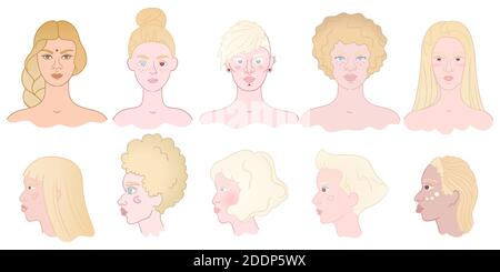 Hand drawn set of albino women portraits - front and side view. Diversity young girls with albinism Stock Vector