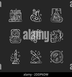 Laboratory equipment chalk white icons set on black background Stock Vector