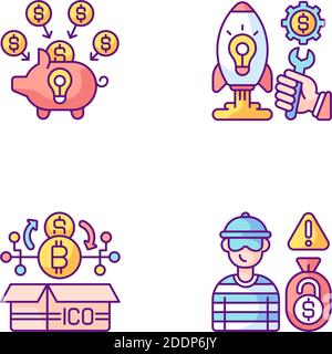 Different money types crowdfunding RGB color icons set Stock Vector
