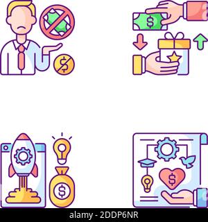 Crowdfunding issues RGB color icons set Stock Vector