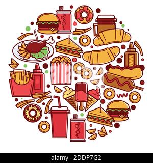 Fast food in circle, snacks and drinks dinner Stock Vector