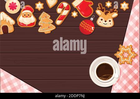 Christmas cookies with icing and coffee on a wooden background, top view. Christmas, New Year. Vector illustration Stock Vector