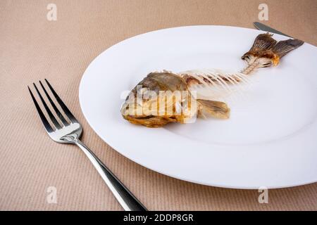 Complete bone of whole fish on plate, abstract, top view Stock Photo
