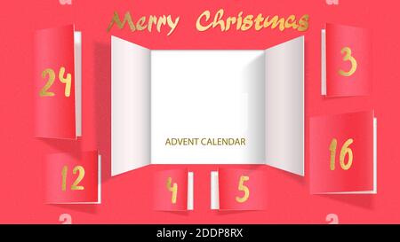 Christmas advent calendar door opening. Realistic an open wide doors on light red background. Template to reveal a message. Merry Christmas poster con Stock Vector