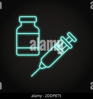 Neon vaccine bottle and syringe icon in line style. Medical iImmunization symbol. Vector illustration. Stock Vector