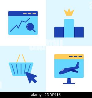Website search optimization icon set in flat style. SEO, landing page, ranking and e-commerce symbols. Vector illustration. Stock Vector