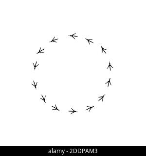 Vector background with circle of bird trail. Black Bird footprints track on white background. Bird trace Stock Vector