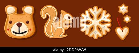 Set of gingerbread in the form of a bear, squirrel, snowflake, heart for the new year, christmas. Icon. Stock Vector