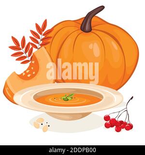 Pumpkin and pumpkin soup, Many red rowan berries with orange autumn leaves, vector illustration on a white background Stock Vector