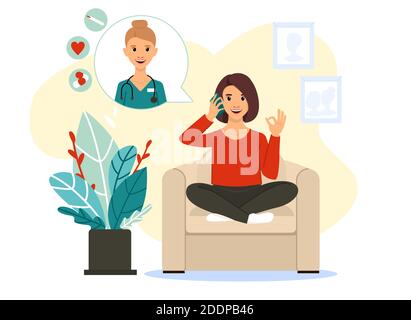 The woman calls the doctor. Online medical consultation. Hospital appointment for video call, covid-19, home treatment. Vector illusion in flat style Stock Vector