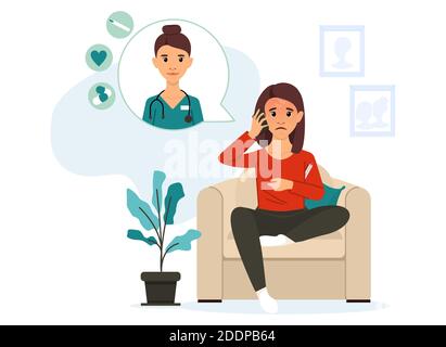 A young woman calls the doctor, has a temperature, an online consultation. Treatment by phone. Coronovirus. Vector illusion. Stock Vector