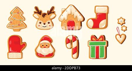 Set of cute gingerbread cookies for christmas. Christmas pastries. Biscuits. Isolated over white background. Vector illustration. Stock Vector