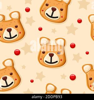 Pattern from gingerbread in the shape of a bear, new year, christmas. Icon. Stock Vector
