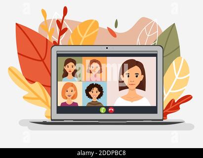 Work colleagues talk to each other on the laptop screen. Online conference. Video conference calling, work from home. Stock Vector