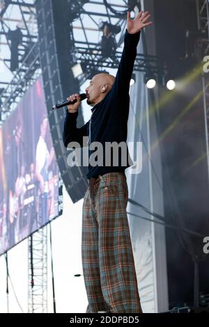 Tim Booth, lead singer from the band James, standing up and facing the audience,  during their set on the Main Stage at the 2016 OnBlackheath Music Stock Photo