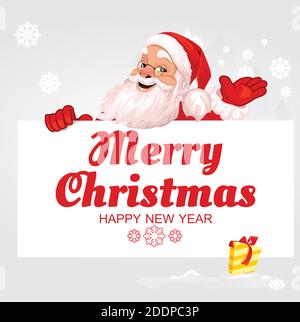 Merry Santa Claus stands behind a large banner, signboard, advertising banner. With the inscription Merry Christmas and a gift. Vector graphics Stock Vector