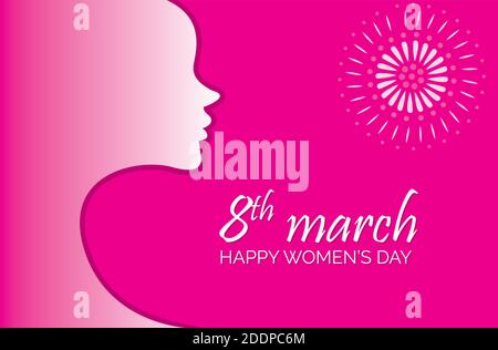 Happy Women Day holiday illustration. Paper cut girl head silhouette cutout with hand drawn spring and flower doodles. Horizontal format design ideal Stock Vector