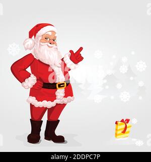 Cheerful Santa Claus, smiling cartoon character, Christmas holiday, in the background with a winter landscape and a gift in the snow. vector illustrat Stock Vector