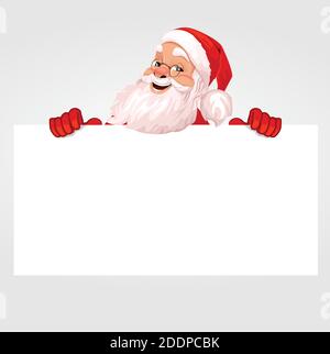 Cheerful Santa Claus stands behind a large banner, signboard, advertising banner.Vector graphics Stock Vector