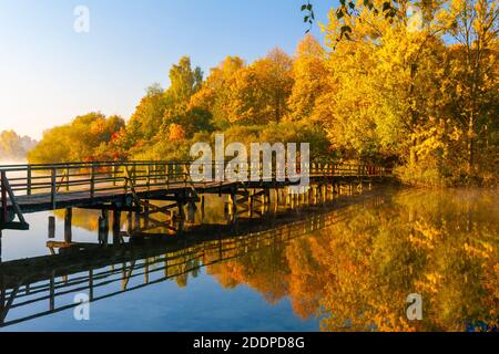 Olsztyn, a wooden footbridge on Lake Dlugi, Poland Stock Photo