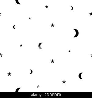 Seamless pattern with black half moon, crescents and stars on white background. Ethnic background. Geometric seamless texture. Simple vector illustrat Stock Vector