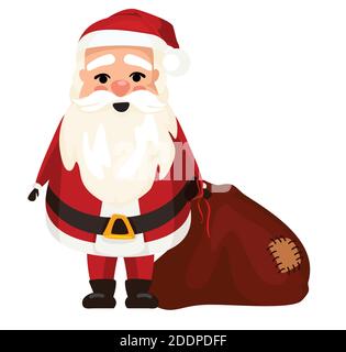 Santa Claus with a bunch of gifts, carries, drags on a sleigh. Flat, cardun, christmas eve and new year. Stock Vector