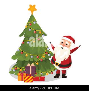 Christmas, New Year, Decorated Christmas tree, Santa Claus decorates the Christmas tree with a bunch of gifts. The holiday is coming. Stock Vector