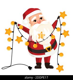 Santa Claus with Christmas garland, set of illustrations with different characters poses. Stickers, New Year and Christmas Stock Vector