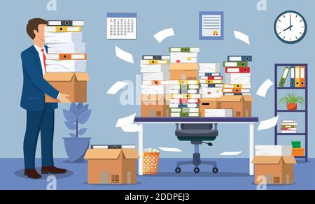 Stressed businessman under pile papers Stock Vector