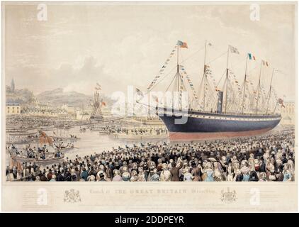 The launch of the SS Great Britain, Iron Steam Ship at Bristol on the 19th July 1843, print by Thomas Picken after Joseph Walter, 1846 Stock Photo