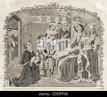 Earl Rivers (1440-1483), presenting the first printed book in English and William Caxton (1422-1491) his Printer to King Edward IV (1442-1483), engraving by Charles Grignion, before 1810 Stock Photo