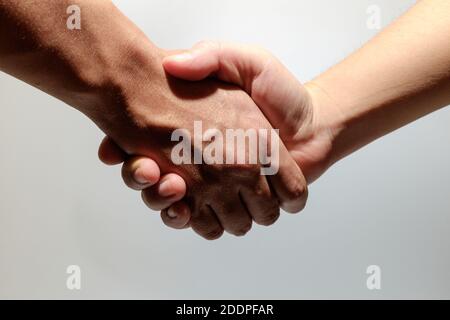 Two men shake hands on white background Stock Photo