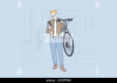 Business, modern, freelance concept. Young happy smiling businessman watches a message on his phone at the office holding a bicycle in his hands. Teac Stock Vector