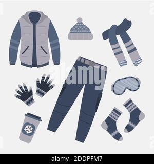 Flat design winter clothes and essentials Vector illustration Stock Vector