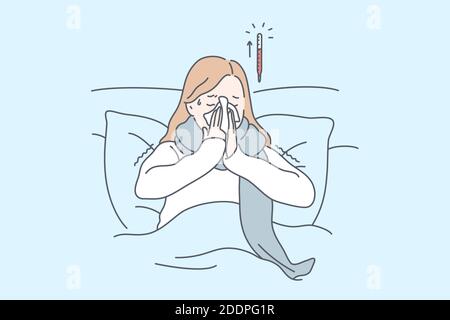 Desease, cold, health concept. Unhealthy woman has chill and runny nose and suffers from weakness. High temperature is symptom of cold. Girl sneezes c Stock Vector