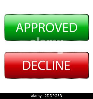 Approved and rejected badges with green and red rectangles with rounded corners and text. 3d button design with shadow on white background. Vector ill Stock Vector