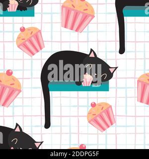 Cute kawaii black sleeping cats holding a pink cupcake with paws. Vector seamless pattern background. Cheeky cartoon kittens with dangling tails and Stock Vector