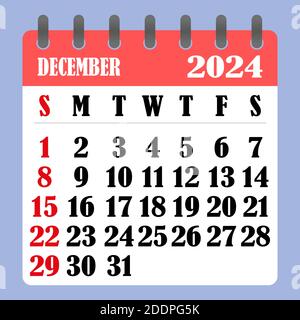 Letter calendar for December 2024. The week begins on Sunday. Time, planning and schedule concept. Flat design. Removable calendar for the month. Vect Stock Vector