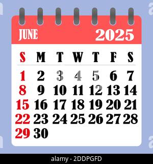 Letter calendar for June 2025. The week begins on Sunday. Time, planning and schedule concept. Flat design. Removable calendar for the month. Vector i Stock Vector